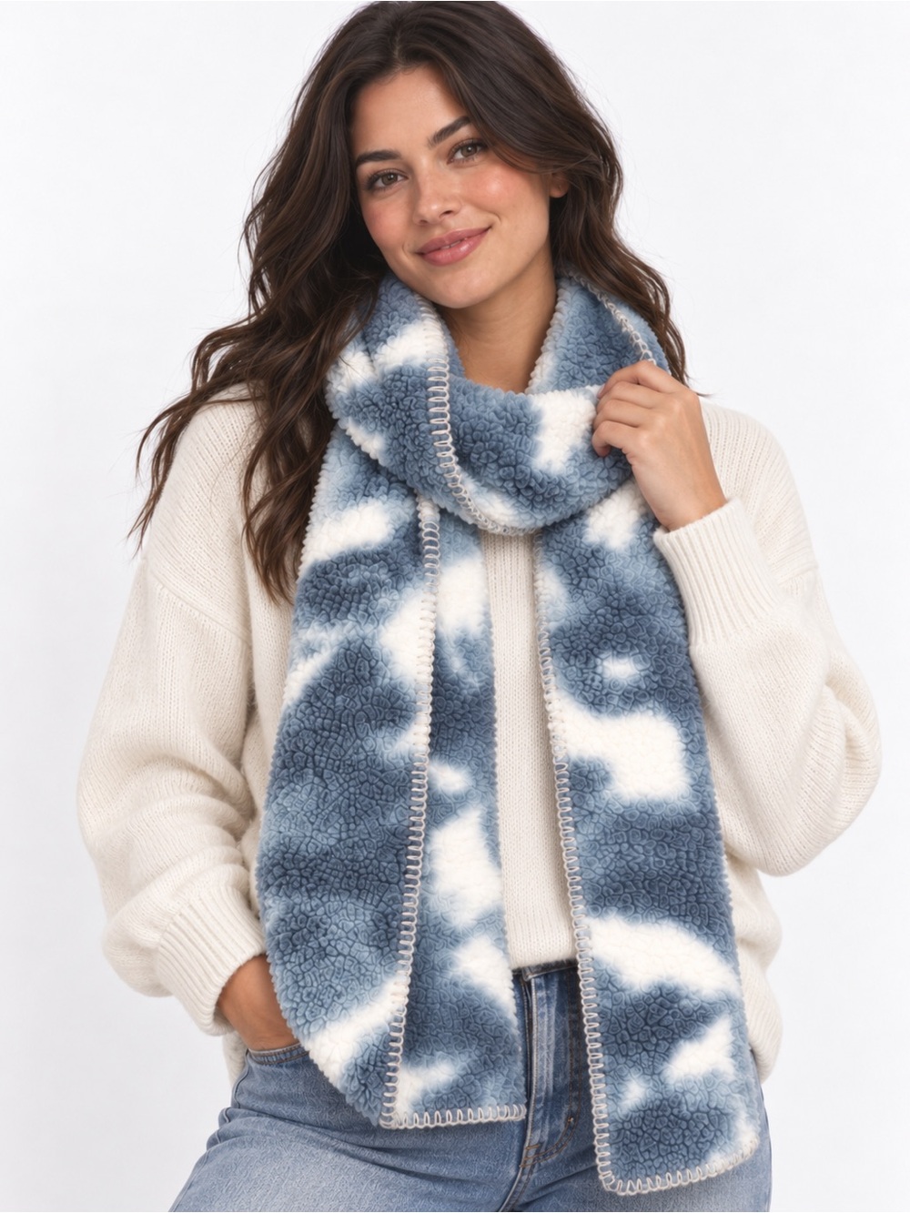 Jenni Blue White Cloud Print Faux Fur Fleece Scarf One Size NWT